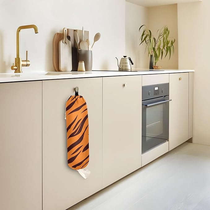 1 PC Plastic Bag Holder Wall Mount Grocery Bag Holder Shopping Bag Trash Bag Storage Organizer Dispenser for Kitchen Closet 22 x 9 Inch Tiger Skin Print