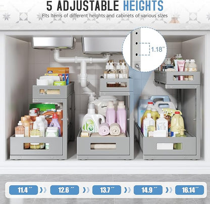 1 Pack 19IN Depth Under Sink Storage Organizer, Large 2-Tier Elegant Mesh Pull Out Shelf for Kitchen and Bathroom Cabinet Organization, L-Shaped and Adjustable Height Design-Gun Gray