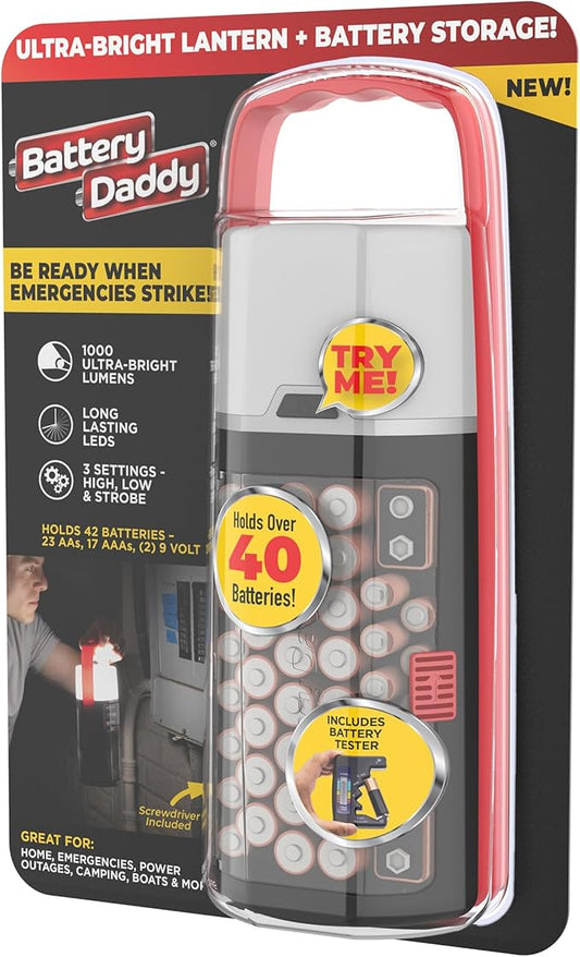 Ontel Battery Daddy Lantern, 2-in-1 Battery Powered Lamp & Battery Organizer, Ultra-Bright 1,000 Lumens Utility Light, Stores & Protects Up to 42 Batteries, Includes Battery Tester & Screwdriver