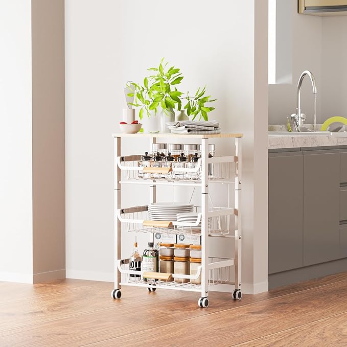 JAQ Fruit Vegetables Carts, 4-Tier Slide Out Metal Storage Basket Stand Rack Organizers with Wood Top and Handle with Rolling Wheels for Snack Veggie Produce in Kitchen Pantry Floor (White, 4 -Tier)