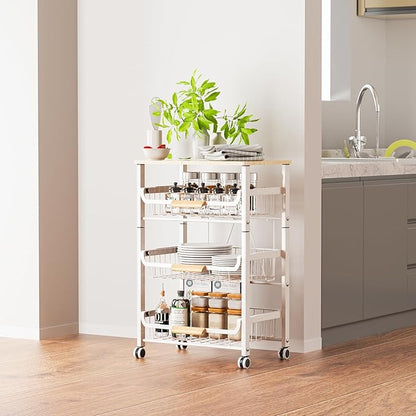 JAQ Fruit Vegetables Carts, 4-Tier Slide Out Metal Storage Basket Stand Rack Organizers with Wood Top and Handle with Rolling Wheels for Snack Veggie Produce in Kitchen Pantry Floor (White, 4 -Tier)