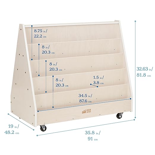 ECR4Kids Double-Sided Wooden Mobile Book Display and Storage, Montessori Furniture, White Wash