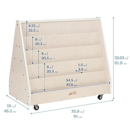 ECR4Kids Double-Sided Wooden Mobile Book Display and Storage, Montessori Furniture, White Wash