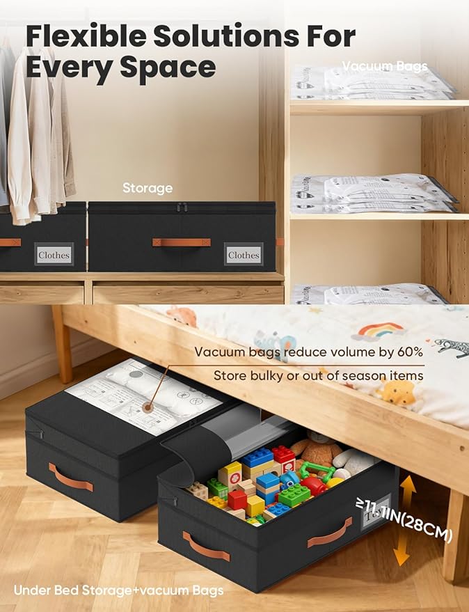TOSKING Under Bed Storage with Wheels (2 Pack), Adjustable Height 7.9"-10.2", 6 Vacuum Bags, Expandable Rolling Underbed Bins, 600D Oxford Fabric, Drawer Organizer for Clothes, Shoes, Toys, Black