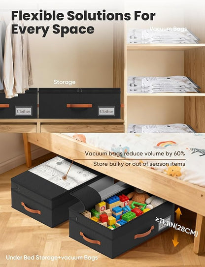 TOSKING Under Bed Storage with Wheels (2 Pack), Adjustable Height 7.9"-10.2", 6 Vacuum Bags, Expandable Rolling Underbed Bins, 600D Oxford Fabric, Drawer Organizer for Clothes, Shoes, Toys, Black