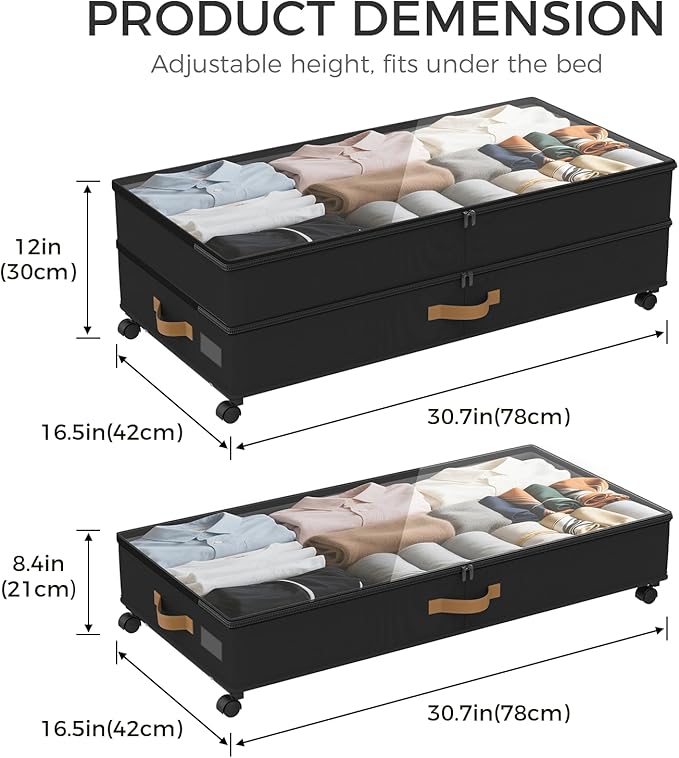BETBEM Under Bed Storage with Wheels 2-Pack, 75L XXL Under the Bed Storage Containers Large, 12" Tall Adjustable Storage for Underbed with Lids, Rolling for Shoes, Clothes, Blankets (Black)