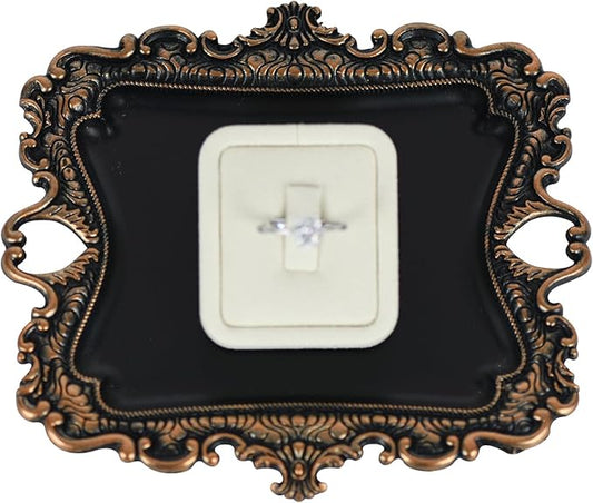 Funly mee Antique Trinket Dish Vintage Jewelry Tray, Ring Holder (Black & Gold, S)