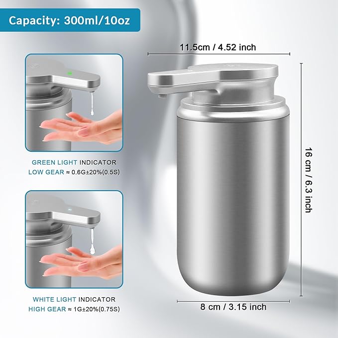 Mamiddle 12 oz. Automatic Soap Dispenser Stainless Steel with Sensor Infrared Soap Dispenser Electric IPX5 Waterproof USB-C Charging Motion Sensor for Kitchen & Bathroom (Silver Cyl)