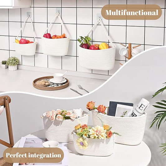 Hanging Storage Baskets, Over The Door Basket, Cotton Wall Baskets Storage, Hanging Door Basket with 4 Hooks