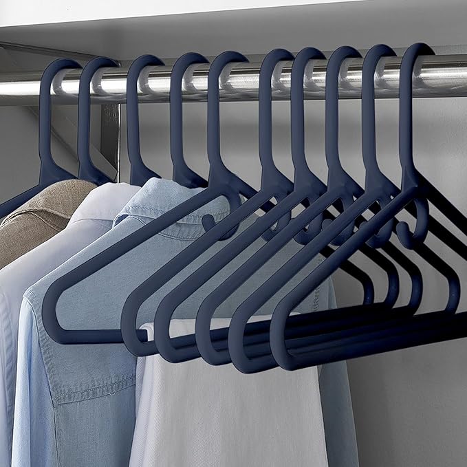 Rethink Your Room Clothes Hangers 10 Pack Plastic - Heavy Duty Space Saving Coat, Velvet Hangers, Pant Hangers for Closet Organization - Durable Non-Slip, Navy Wardrobe Essentials Bulk Storage