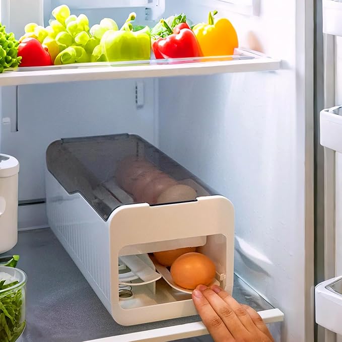 Jankings Press-Roll Egg Tray – Clear Stackable PP Egg Organizer with Auto Rolling Dispenser for Fridge & Kitchen, Portable, Shock-Proof Egg Storage