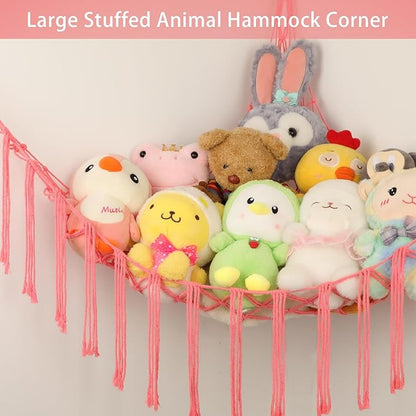Stuffed Animal Hammock Corner, Hand-knitted Large Plushie Net Toy Hammock with Wooden Rings | Boho Cute Stuff Animal Storage for Nursery & Bedroom | Mesh Kids Toy Organizer Holder Nursery Room Decor