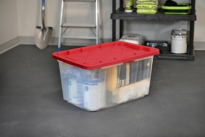 CX BLACK & YELLOW, XTRA TALL 27-Gallon Heavy Duty Clear Storage Container & Snap-Tight Lid, Clear & Red (28.5L x 19.4W x 15.2H), Weather-Resistant, Stackable, See-Through Organization Tote