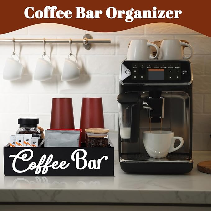 Coffee Bar Organizer for Countertop Coffee Station Organizer Wood Coffee Bar Sign with Removable Dividers for Pods Condiment Syrup Tea Cups Stirrers,Office Coffee Bar Decor