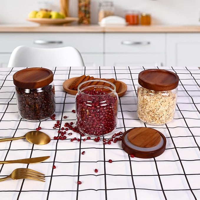 16oz Glass Airtight Food Storage Jars with Acacia Wood Lid - Kitchen Canisters for Coffee,Tea,Sugar,Spices,Herbs,and Candy - Airtight, and Stylish for Pantry or Countertop (4PCS)