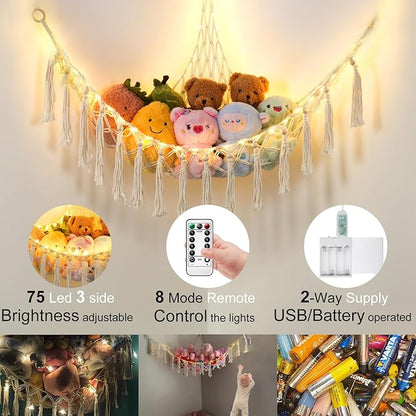 Stuffed Animal Hammock with 75LEDs, Extra Large 55in Toy Storage Macrame Hammock, Hanging Toy Net for Kids Bedroom Doll Room Corner Organizer, USB Plush Toy Hammock with Remote(XL)