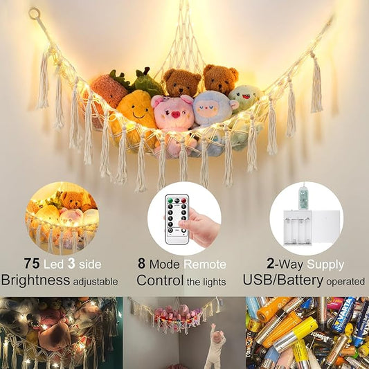 Stuffed Animal Hammock with 75LEDs, Extra Large 55in Toy Storage Macrame Hammock, Hanging Toy Net for Kids Bedroom Doll Room Corner Organizer, USB Plush Toy Hammock with Remote(XL)
