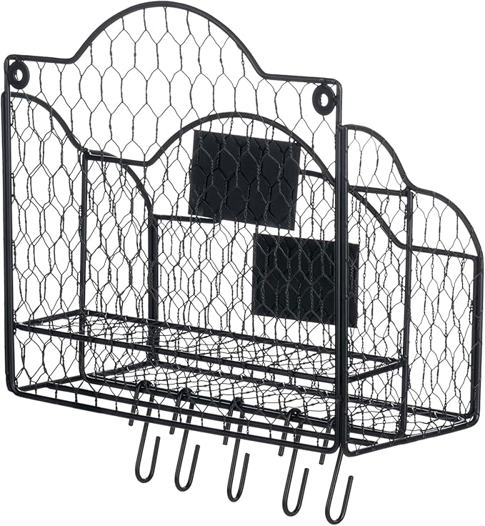 MyGift 2 Compartment Mail Inbox/Outbox Sorter, Wall Mounted Modern Black Metal Wire Entryway Organizer Basket for Mails, Bills and Office Supplies with Chalkboard Labels and 5 Hanging Key Hooks