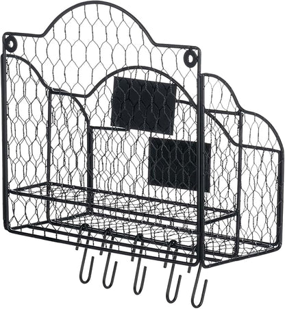 MyGift 2 Compartment Mail Inbox/Outbox Sorter, Wall Mounted Modern Black Metal Wire Entryway Organizer Basket for Mails, Bills and Office Supplies with Chalkboard Labels and 5 Hanging Key Hooks