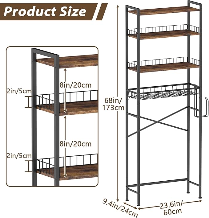 CooFel Over The Toilet Storage Rack, 4-Tier Bathroom Organizer Shelf with Paper Holder & 4 Hooks, Adjustable Metal Shelves Over Toilet for Small Spaces, Brown