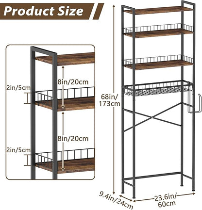 CooFel Over The Toilet Storage Rack, 4-Tier Bathroom Organizer Shelf with Paper Holder & 4 Hooks, Adjustable Metal Shelves Over Toilet for Small Spaces, Brown