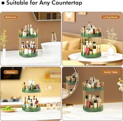 Awenia Rotating Makeup Organizer 360, Stackable Adjustable Large Capacity Cosmetic Storage Unit,Dresser Bathroom Kitchen Countertop Organizer with Metal Handle, Plus Size (Gem Green, 2 Tier)
