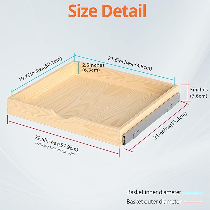 Wooden Pull Out Cabinet Organizer, Slide Out Drawer for Kitchen Organizers and Storage, Soft Close, Heavy Duty, Fully Expandable