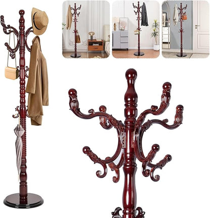 Solid Wood Coat Rack – 73" Freestanding Coat Racks Stand with 14 Hooks & Stable Round Base, Adjustable Height Modern Wooden Hall Tree for Entryway, Bedroom, Office, Home (Mahogany Round)