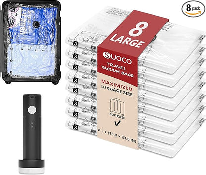 Travel Vacuum Bags for Clothing with Rechargeable Electric Pump, 8 Large Compression Packing Cubes Organizer Storage for Luggage Suitcase, Space Saver Seal Bags for Vacation Cruise