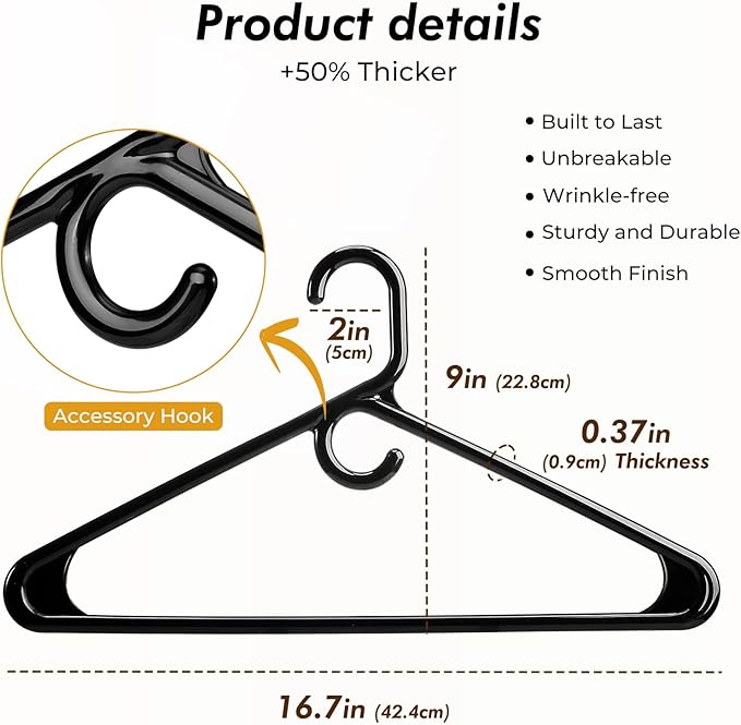HOUSE DAY Quality Plastic Clothes Hangers 12 Pack – Super Heavy Duty 20lb Capacity Thick Strong Closet Hangers Black for Adult Clothing – Durable for Coats, Jackets, Jeans, Pants