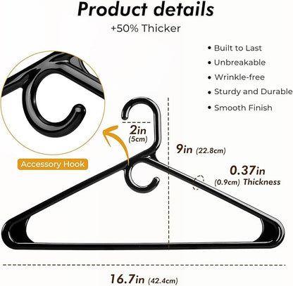 HOUSE DAY Quality Plastic Clothes Hangers 12 Pack – Super Heavy Duty 20lb Capacity Thick Strong Closet Hangers Black for Adult Clothing – Durable for Coats, Jackets, Jeans, Pants