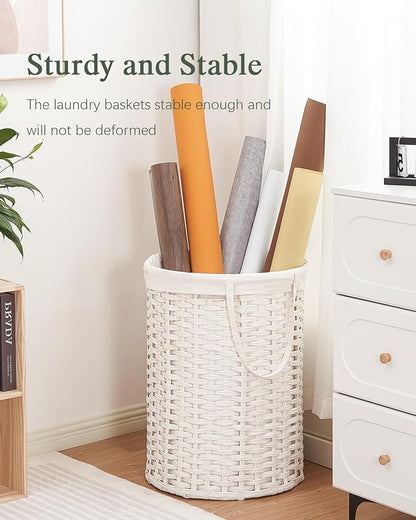 Laundry Basket Round Rattan Laundry Hamper 29.1 Gal(110 L) Handwoven Large Wicker Basket with Handles, Wicker Hamper with Removable Bags and 2 Mesh Bags for Bathroom Living Room White(No Lid)