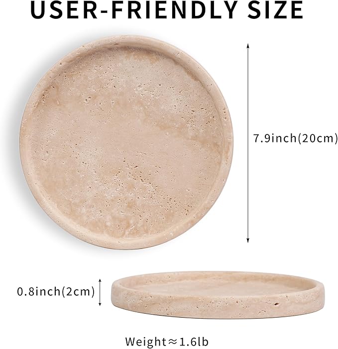 LWALMS Travertine Round Marble Tray - Stone Perfume Plate Decorative Bowl for Nightstand Entryway Coffee Table Decor, Jewelry Trinket Ring Key Purse Holder Dish (7.9 inch)