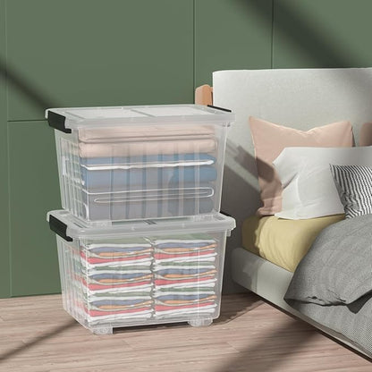 Qqbine 30 Quart Plastic Clear Storage Bin with Wheels, Plastic Latching Bins with Lids, 4 Packs