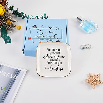 COZITED Aunt & Niece Ring Trinket Dish - Connected By Heart, Birthday Christmas Valentines Mother's Day Gift, White