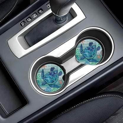 Sea Turtle Car Cup Holder Coaster 2 Pack Absorbent Ceramic Car Coasters for Cup Holders Car Accessories Interior for Women Men Universal Anti Slip Cork Base Cup Coasters with Finger Notch