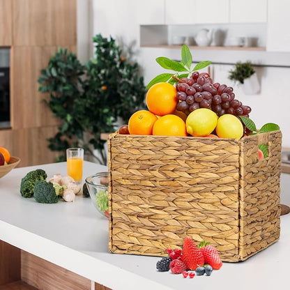 4 Pack 13 x 11in Rectangular Wicker Storage Bins, Water Hyacinth Baskets, Foldable Wicker Baskets, Storage Basket with Built-in Handles, Handwoven Natural Basket for Shelves, Outdoor