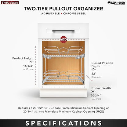 Rev-A-Shelf 2 Tier Kitchen Cabinet Pullout Shelf and Drawer Organizer Slide Out Pantry Storage Basket in Multiple Sizes, 21 x 22 In, 5WB2-2122CR-1