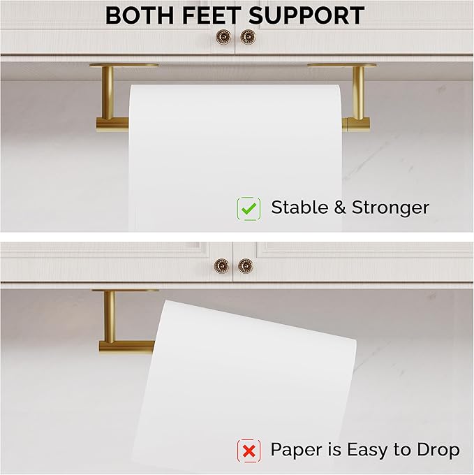 Paper Towel Holder Under Cabinet, Self Adhesive or Wall Mounted SUS304 Stainless Steel Paper Towel Holder for Kitchen, Farmhouse, Barbecue and Laundry (Brushed Gold)