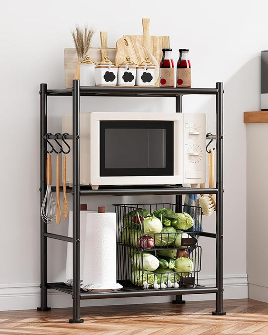 Storage Shelves - 3-Tier Large Capacity Shelf Organizer with Hooks, Heavy-Duty Garage Shelving with Leveling Feet, Wobble-Free Rack for Bedroom, Balcony, Garage, 18.1"×12.4"×29.4", Black