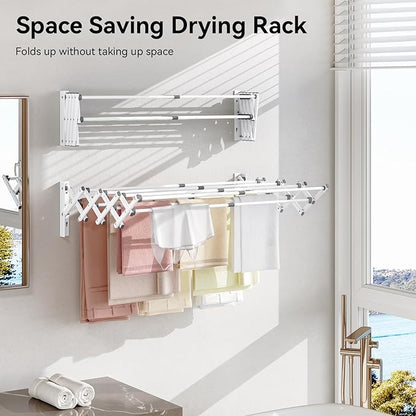 APEXCHASER Wall Mounted Clothes Drying Rack Laundry Drying Rack Retractable, Towel Racks Wall Mounted for Bathroom Balcony Laundry Room Indoor, Foldable Accordion Dryer Rack for Clothing, White