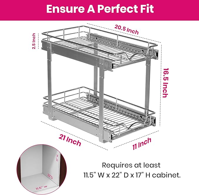 HOLDN’ STORAGE Two Tier Pull Out Cabinet Organizer, Individual Sliding Drawers - Heavy Duty Metal with Lifetime Limited Warranty - Anti Rust Chrome Finish - 11" W x 21”D x 16.5" H