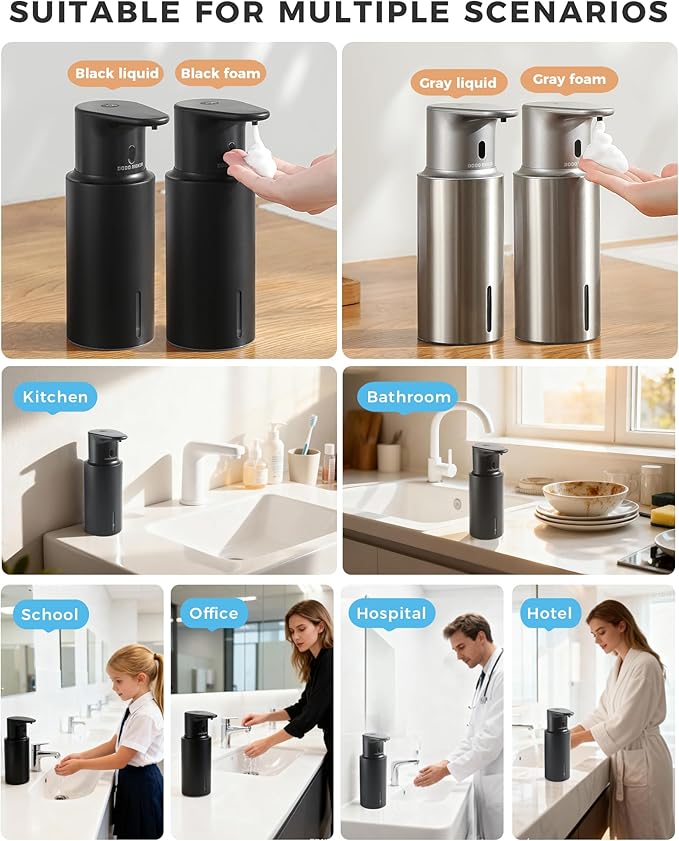 DODO MEKIA Automatic Foaming Soap Dispenser Touchless, 304 Stainless Steel Bottle Body & 16.2oz/480ml,USB Rechargeable, 3 Adjustable Liquid Levels, IPX7 Waterproof, for Kitchen Bathroom, Black