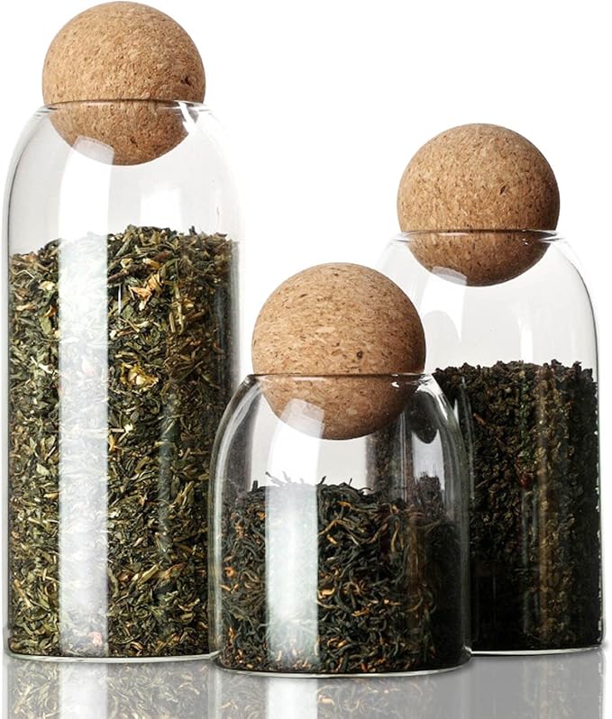 Glass Food Storage Canister, 3 Pièces Storage Container with Ball Cork, Clear Glass Storage Jar, for Sugar, Coffee, Candies(550ml/750ml/1200ml)