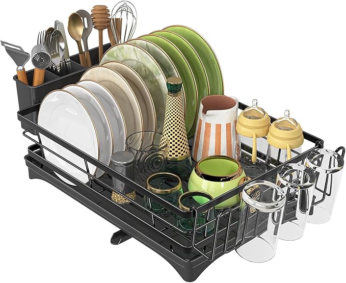 Ekisemio Dish Rack, Dish Drying Rack for Kitchen Counter, Dish Drainer with Cutlery Holder for Large Capacity, Kitchen Organizer for Dishes with Drip Tray, 12" D x 15.7" L, Black