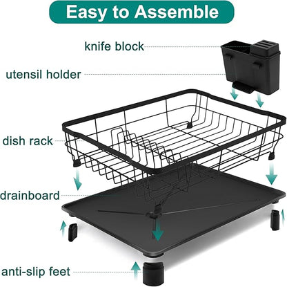Dish Drying Rack - Small Dish Rack for Kitchen Counter, Stainless Steel Dish Drainer with Utensil Holder and Drainboard