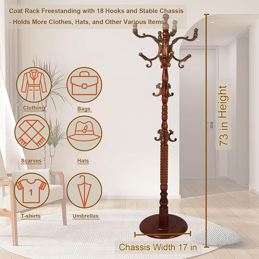 Coat Rack Freestanding with 18 Hooks, Wooden Standing Coat Racks for Entryway, Solid Wood Clothes Hanger Rack with Sturdy Round Base for Entryway, Hall, Bedroom, Office, Hallway (Caramel color)