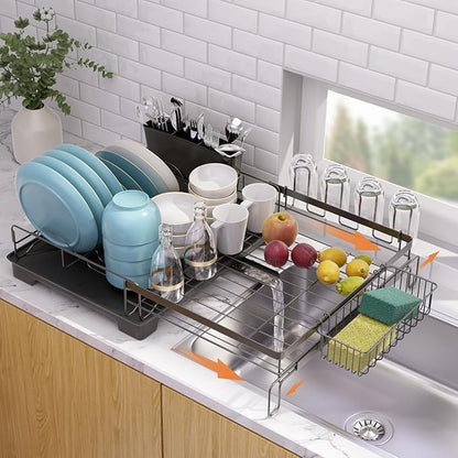 Vathingood Extendable Dish Drying Rack, Drying Rack with Automatic Drainboard, Dish Drainers for Kitchen Counter, Anti-Rust Dish Drainers with Cup Holders & Utensil, Black