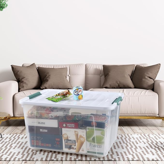 Loiycg 85 Quart Plastic Storage Bins with Wheels, Large Clear Latching Storage Box, 4 Pack