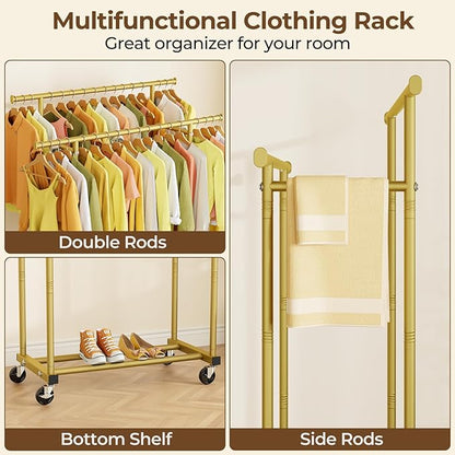 Double Rods Clothes Rack, Sturdy Rolling Clothing Rack, Portable Clothing Racks for Hanging Clothes - Metal Garment Rack Wardrobe Coat Rack for Bedroom Laundry Living Room, Gold